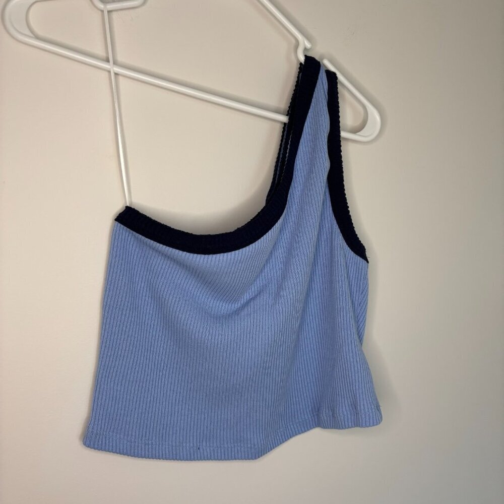 URBAN OUTFITTERS NEW Cropped 1 Shoulder Top Womens L Blue Navy Ribbed Stretch